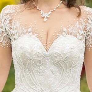Ivory Beaded Lace Wedding Dress with Illusion Pearl Cap Sleeves